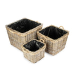 Square Tapered Rope Handled Rattan Planter With Plastic Lining | Set of 3 | Natural