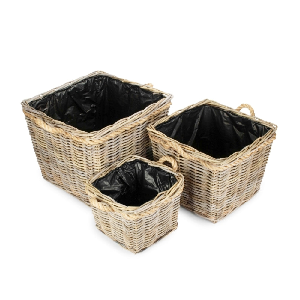 Square Tapered Rope Handled Rattan Planter With Plastic Lining | Set of 3 | Natural