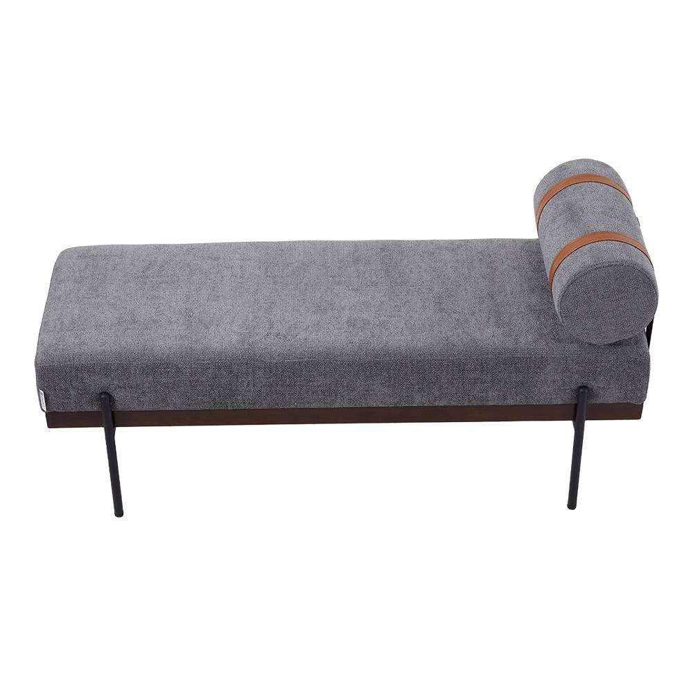 Modern Upholstered Bench With Bolster Pillow, Fine Linen Fabric Bedroom Bench With Metal Legs For End Of Bed | Dark Grey