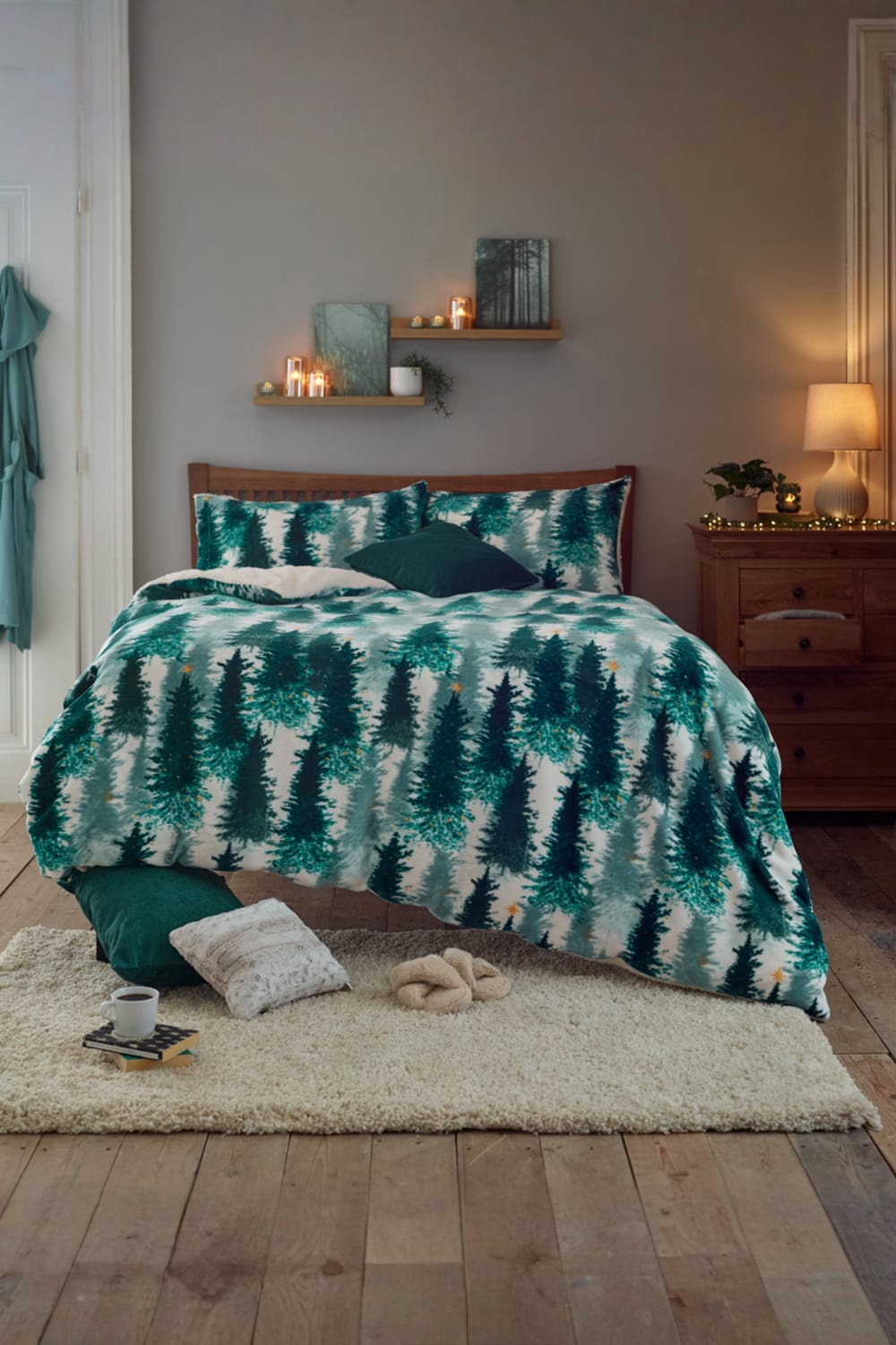 Christmas Tree Fleece Duvet Cover Set With Sherpa Reverse – Festive Winter Bedding | Single | Multi