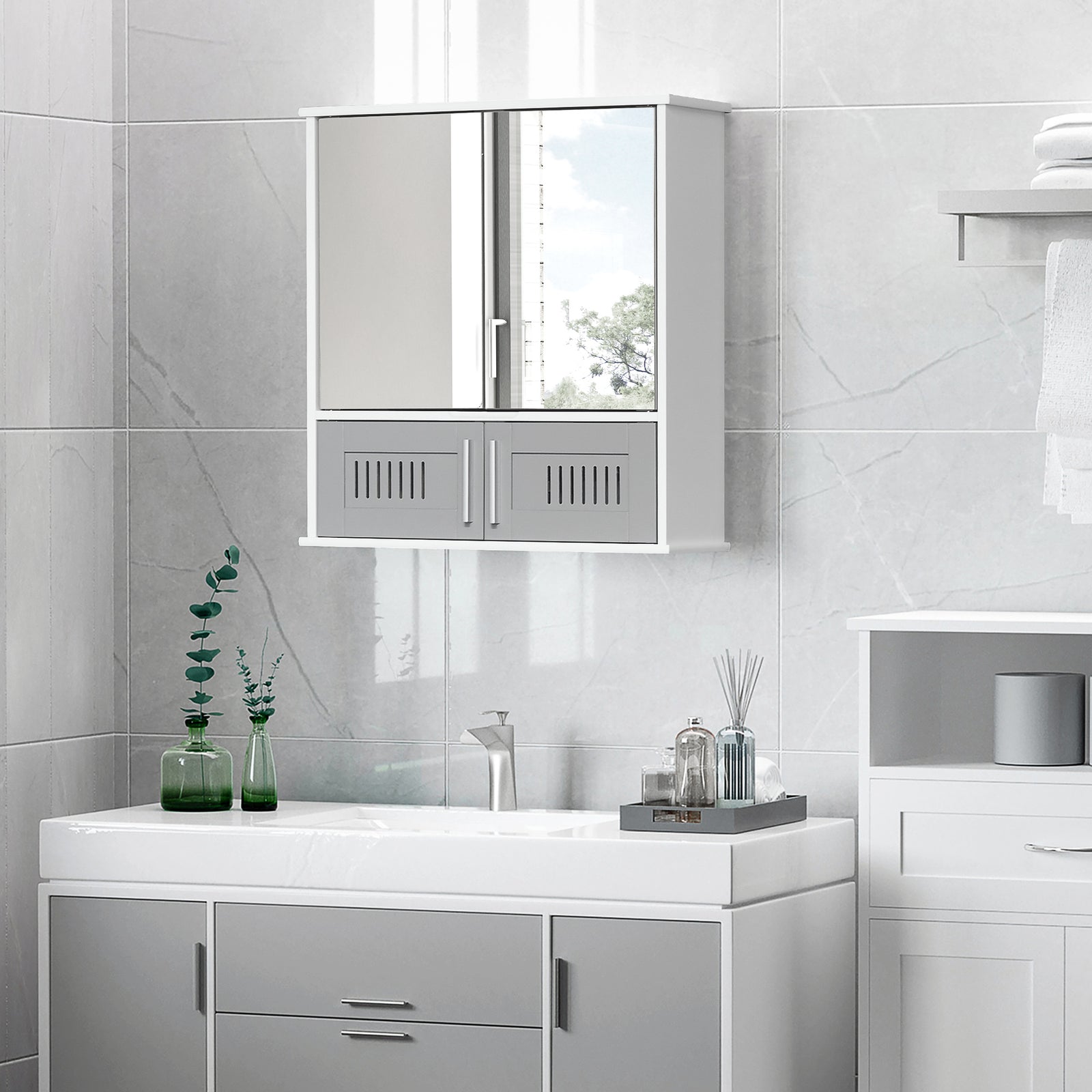 Bathroom Mirror Cabinet Wall Mount Storage Unit Double Doors | One Size