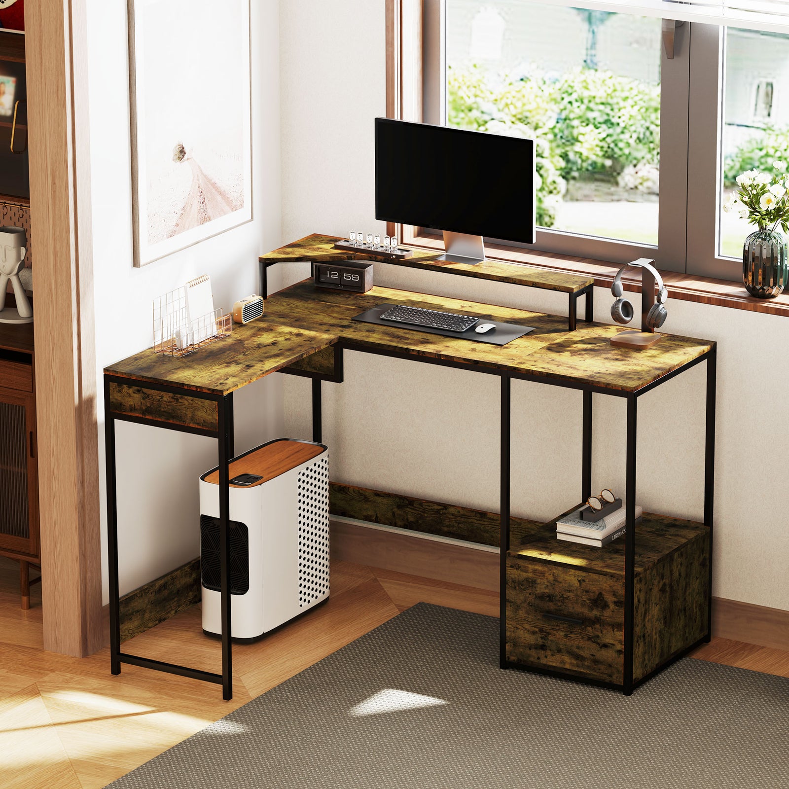 L Shaped Desk, Computer Table With Liftable Desktop | One Size | Brown