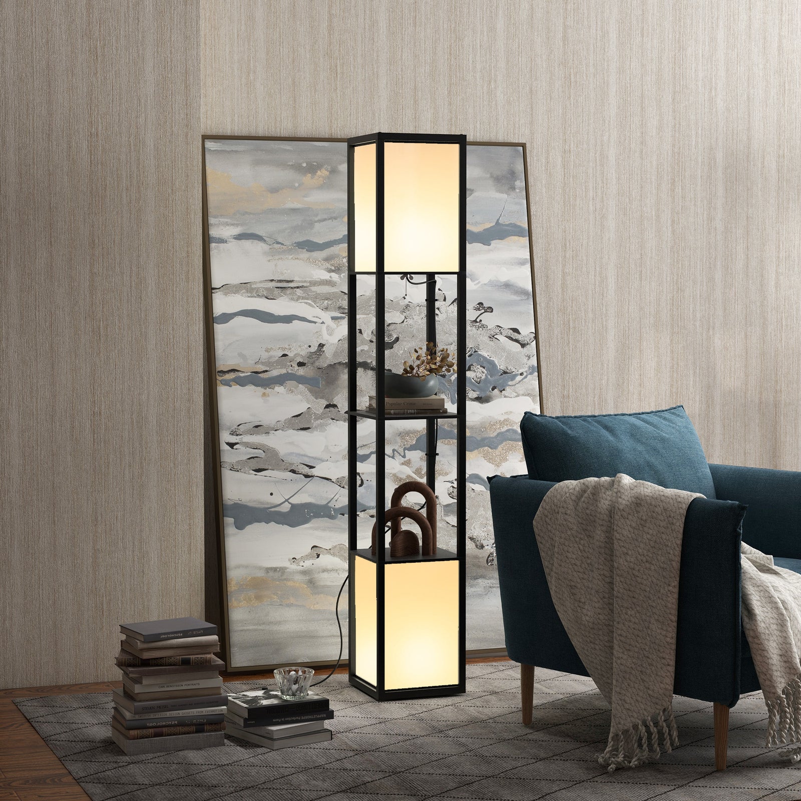 Shelf Floor Lamp With Dual Light For Living Room, Bedroom | One Size | Black