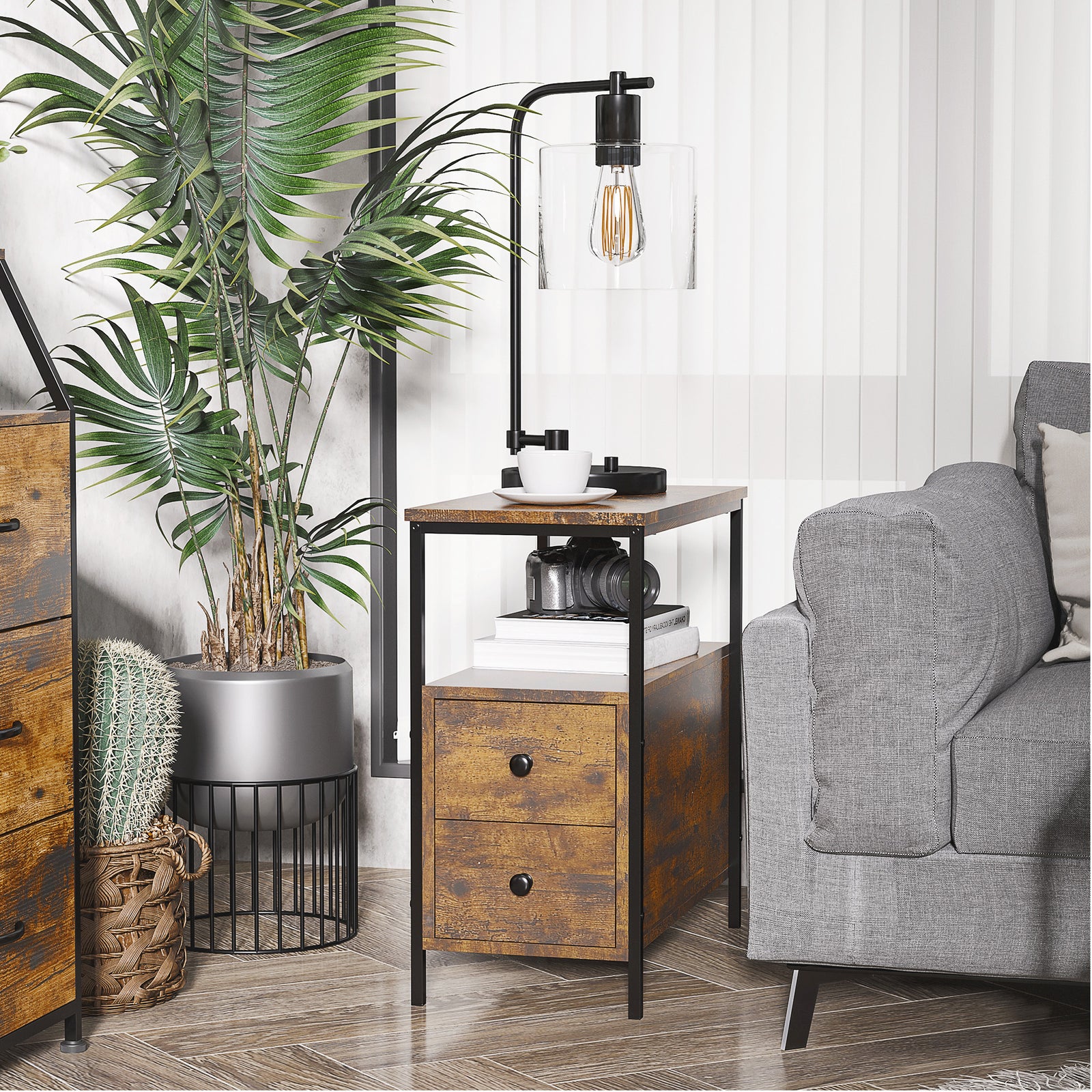 Slim Side Table End Table With 2 Drawers & Storage Shelf | Brown