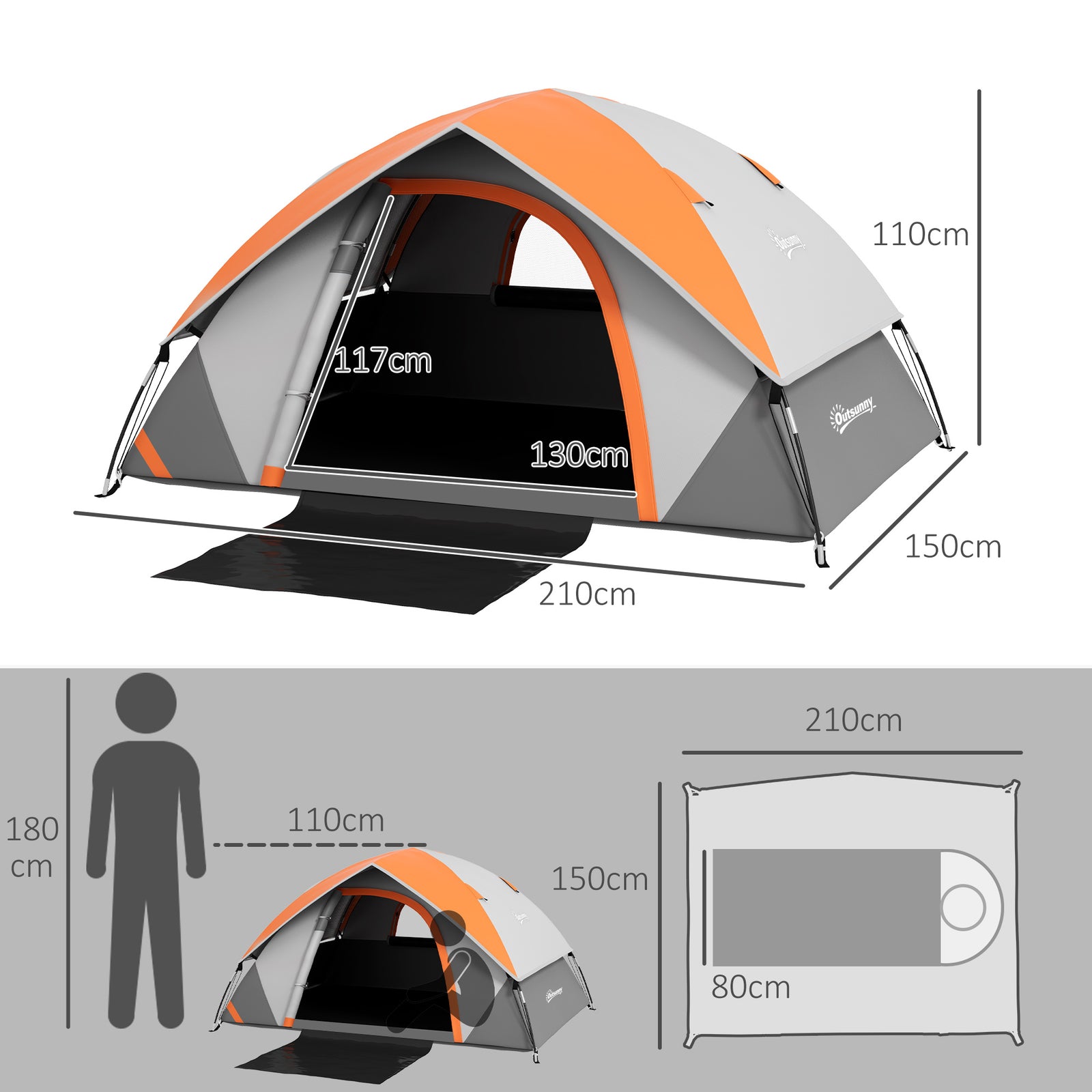 2 Man Camping Tent W/ Sewn-in Groundsheet, 3000mm Waterproof | Multi Colour