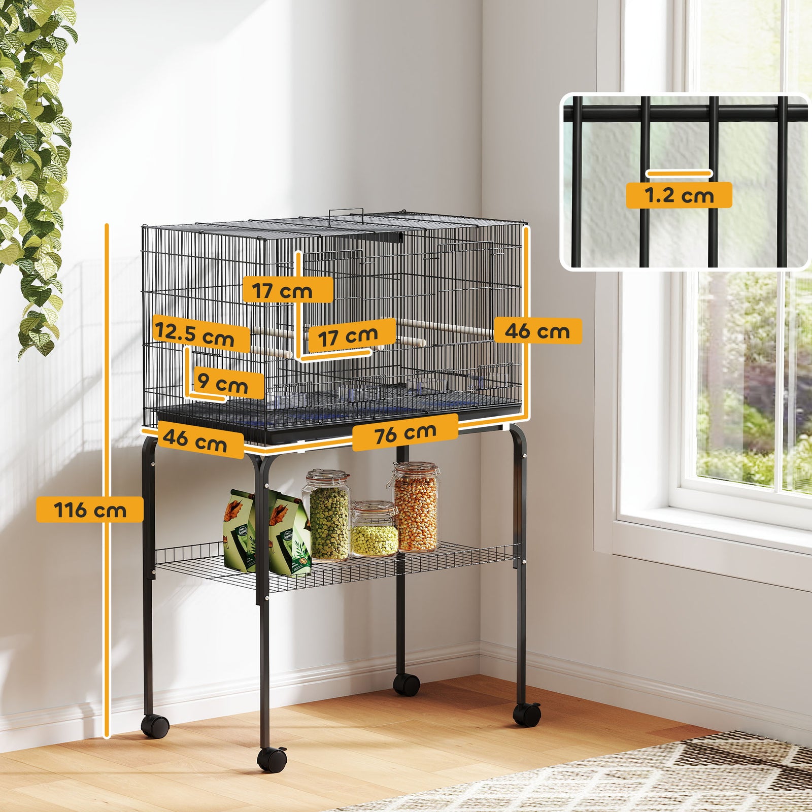 Bird Cage With Divider, 4 Wooden Perches, Slide Out Tray | Black