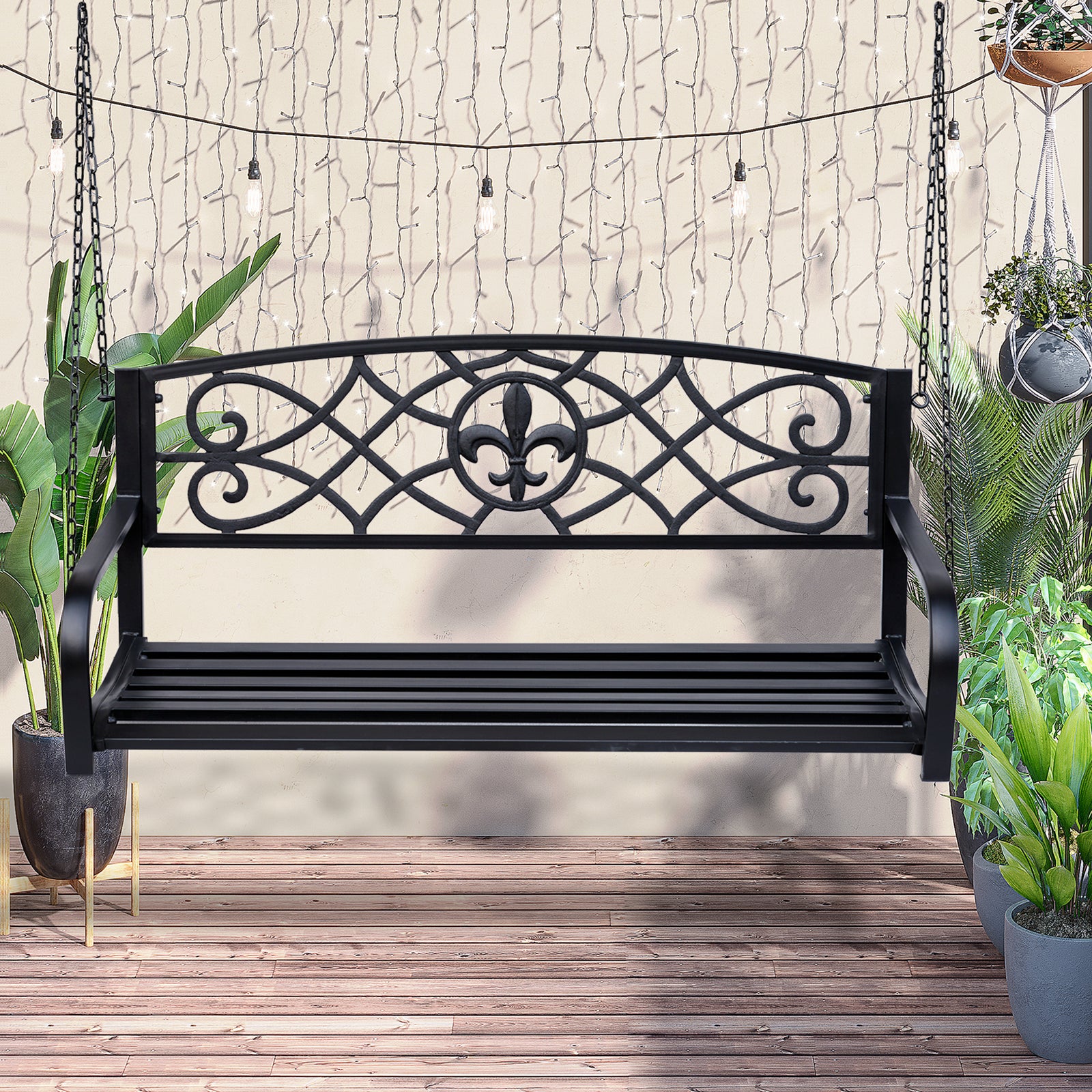 Outdoor Steel Fleur-de-lis Porch Swing Garden Hanging Bench