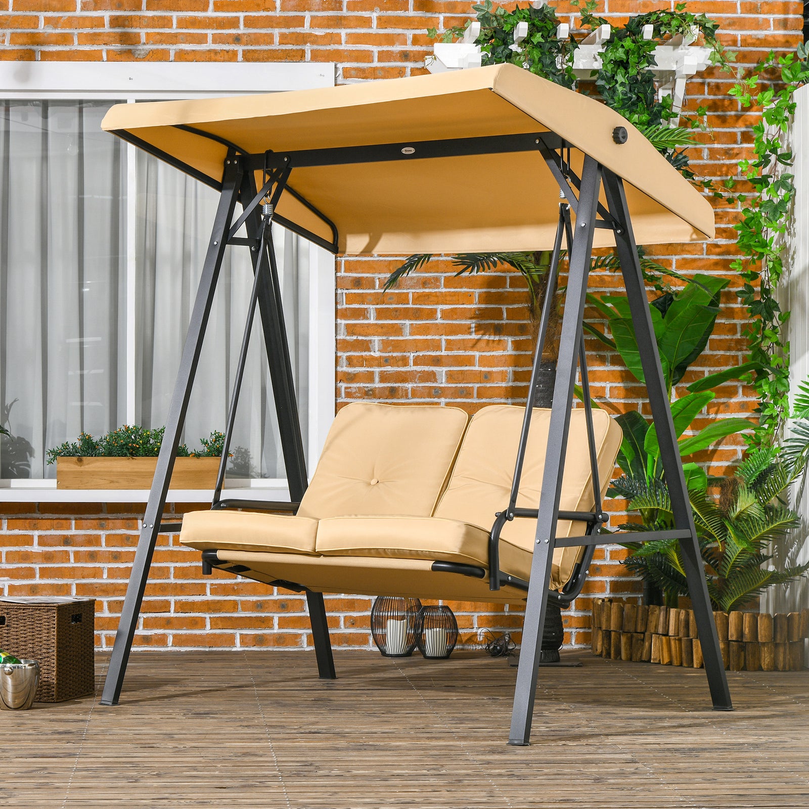 2 Seater Garden Outdoor Swing Chair Hammock W/ Steel Frame | Beige