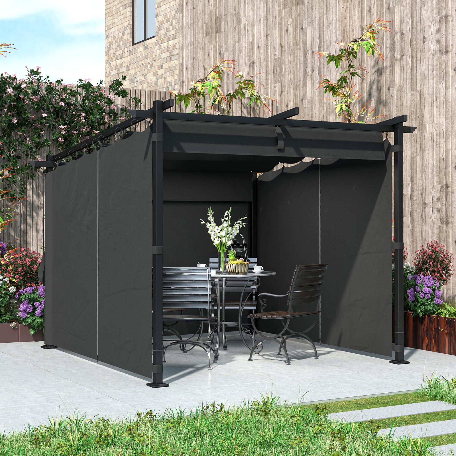 3 X 3(m) Metal Pergola W/ Retractable Roof And Sidewalls | Dark Gray