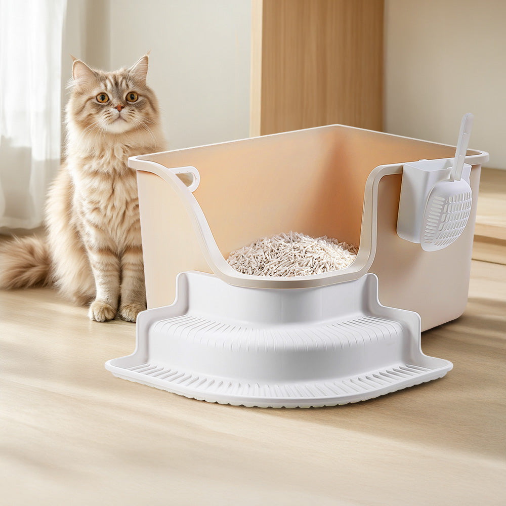Semi-enclosed Cat Litter Box With Staircase And Scoop Open Top Design, Easy To Clean