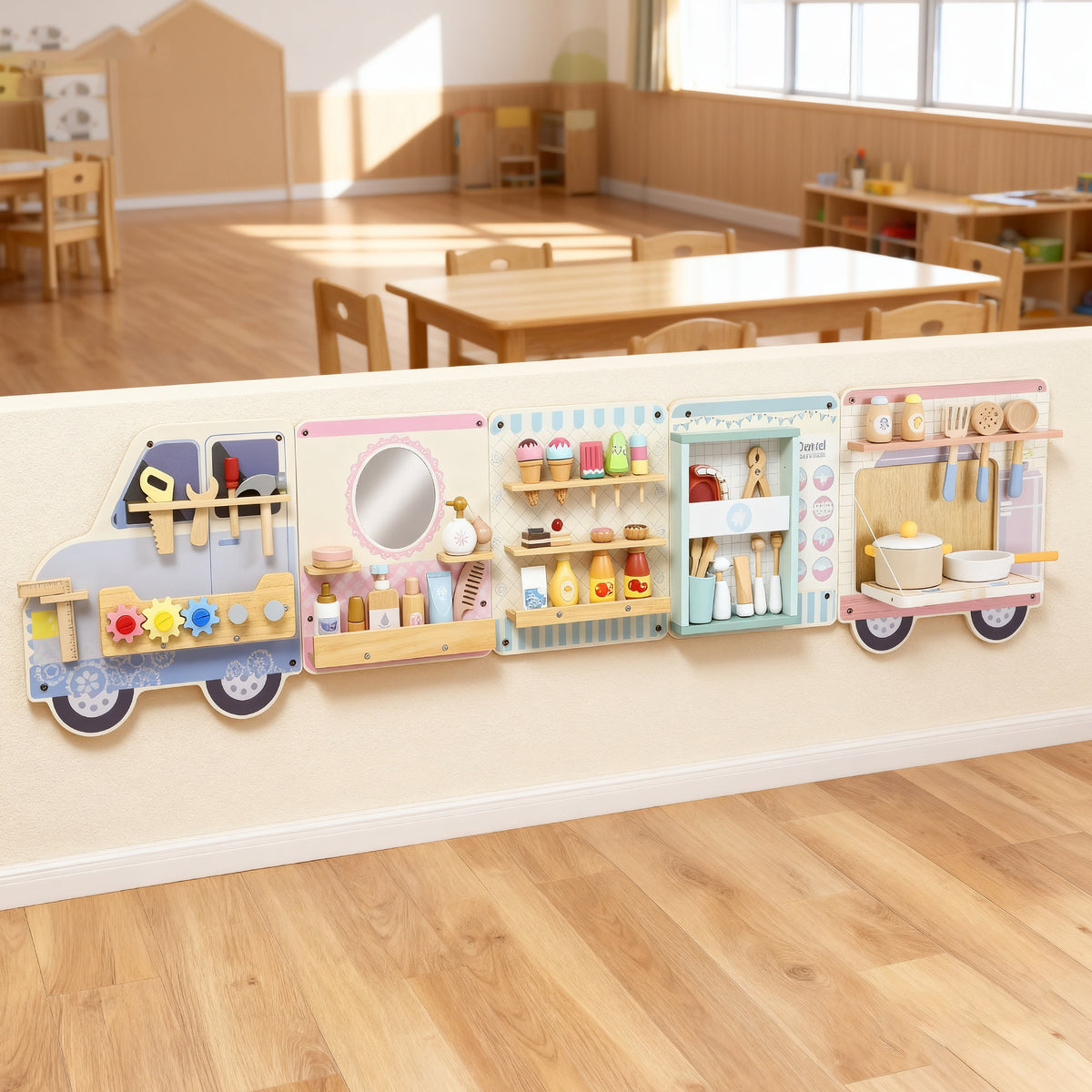 AIYAPLAY Wooden Busy Board, 5 In 1 Wall Panel Sensory Toy For Kids