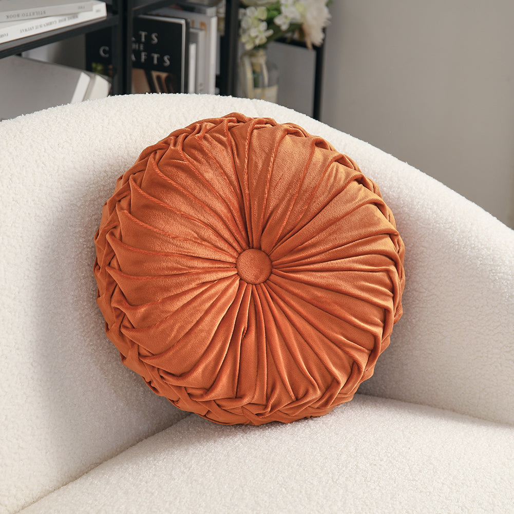 Round Pumpkin Velvet Cushion Soft Pleated Accent Pillow | Large | Orange