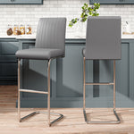 Set Of 2 Grey Pu Leather Bar Stools – Mid Back Counter Chairs With Channel Backrest & Metal Legs | Grey
