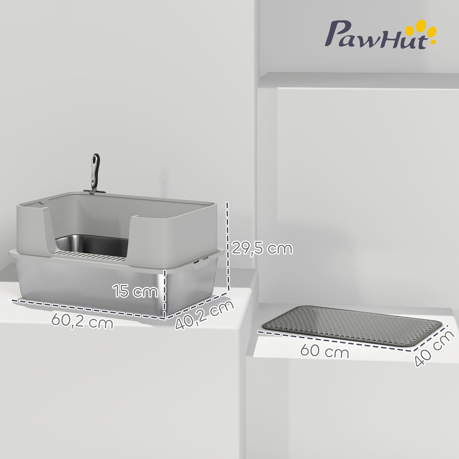 Stainless Steel Litter Box With Scoop, High Sided Cat Litter Tray