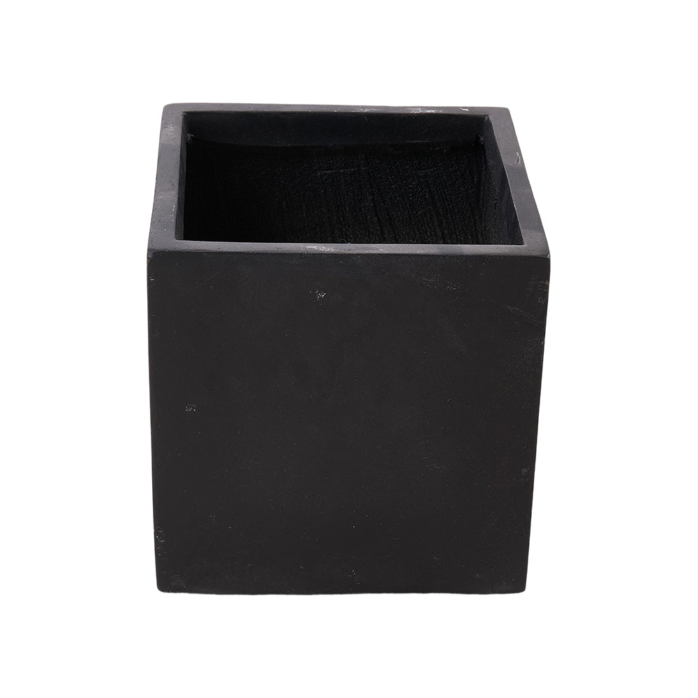 Cube Shaped Cement Planter Flower Pot With Drainage Holes | Small | Black