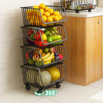 3/4/5 Tier Stackable Rolling Metal Wire Basket Trolley Rack Fruit Vegetable Storage Holder For Kitchen | Medium | Black