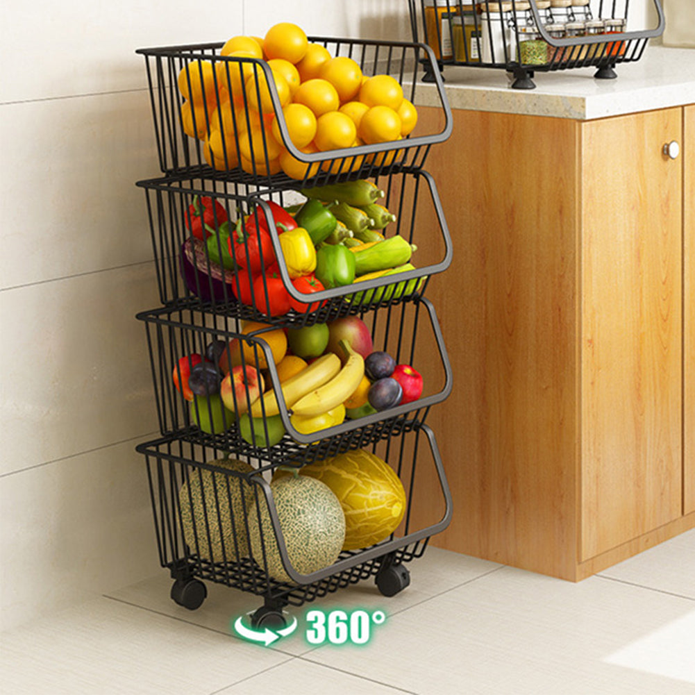 3/4/5 Tier Stackable Rolling Metal Wire Basket Trolley Rack Fruit Vegetable Storage Holder For Kitchen | Medium | Black