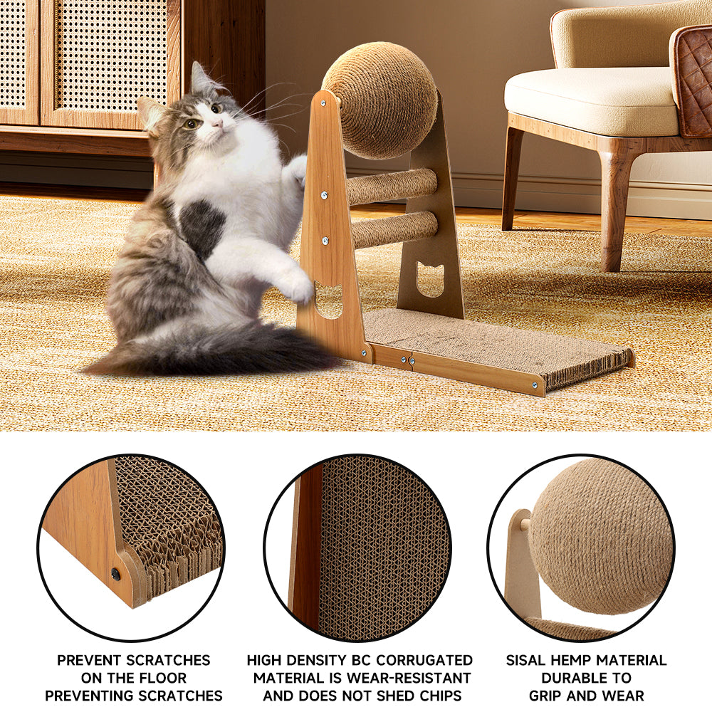 L-shaped Cat Scratcher With Sisal Ball And Horizontal Posts Multi-angle Cat Climbing & Scratching Toy