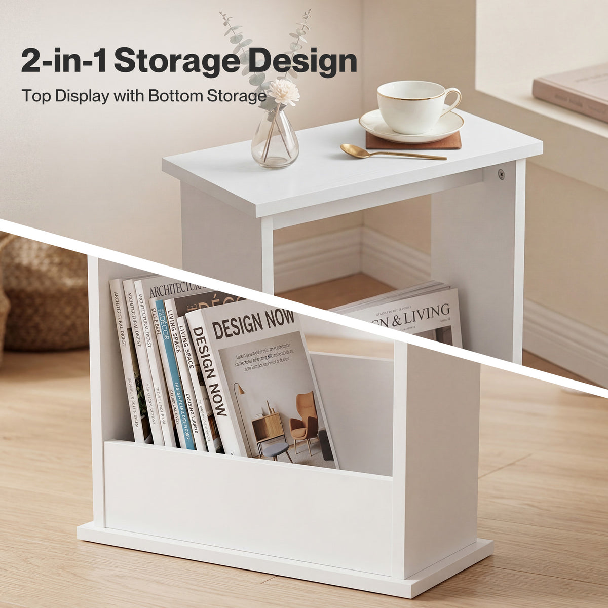 Levede Side Table With Magazine Rack Modern Slim End Table For Living Room
