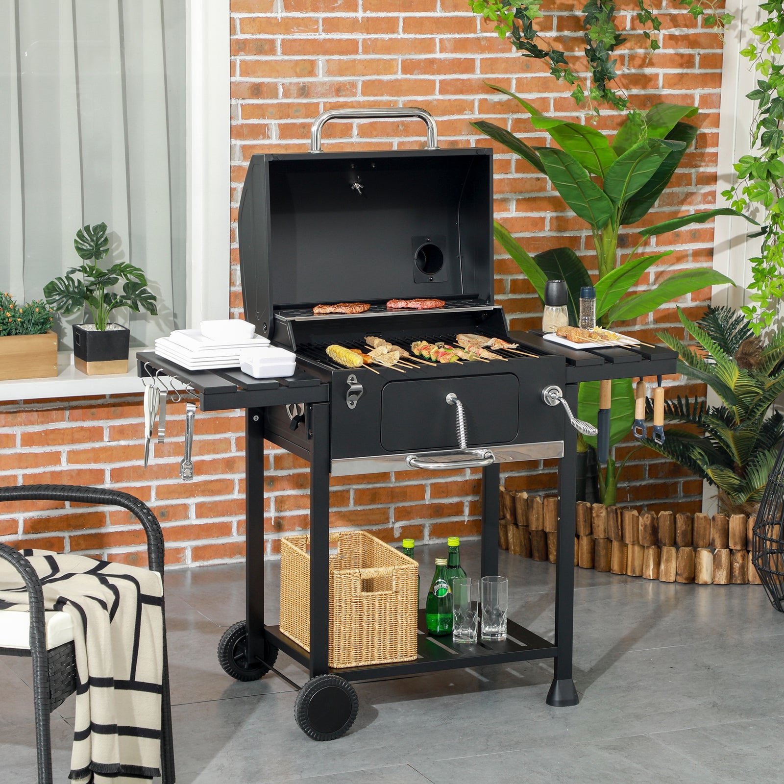 Charcoal Grill Trolley, Adjustable Pan, Shelves | Black