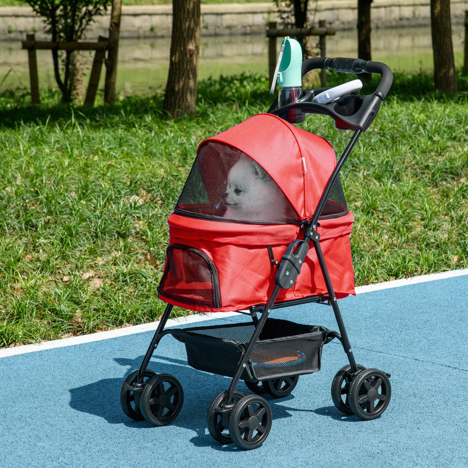 Pet Stroller Foldable Travel Carriage With Brake Basket Canopy | Red