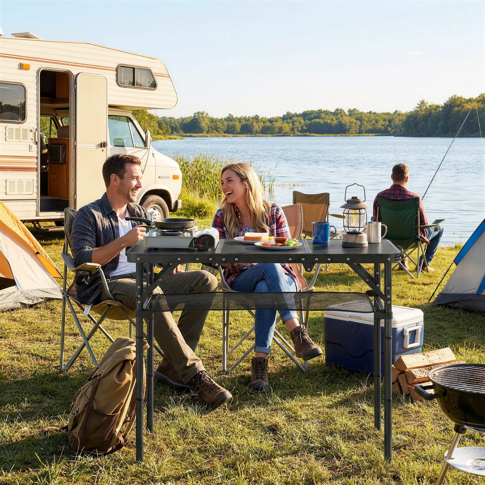 3ft Folding Camping Table, Picnic Table With Storage Layer | Black