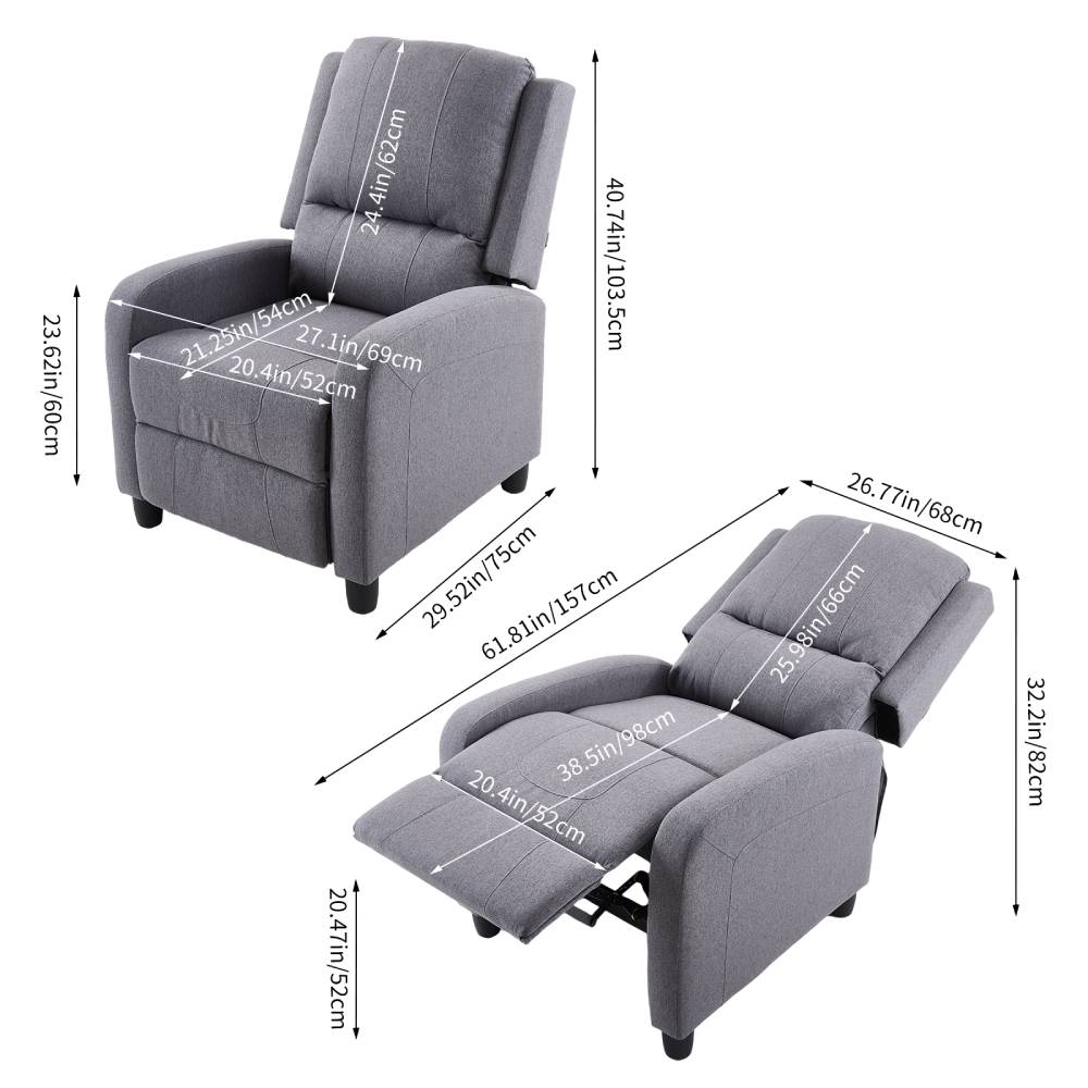 Living and Home Modern Linen Recliner Chair – Push-back Single Sofa With 140° Recline & Footrest,grey