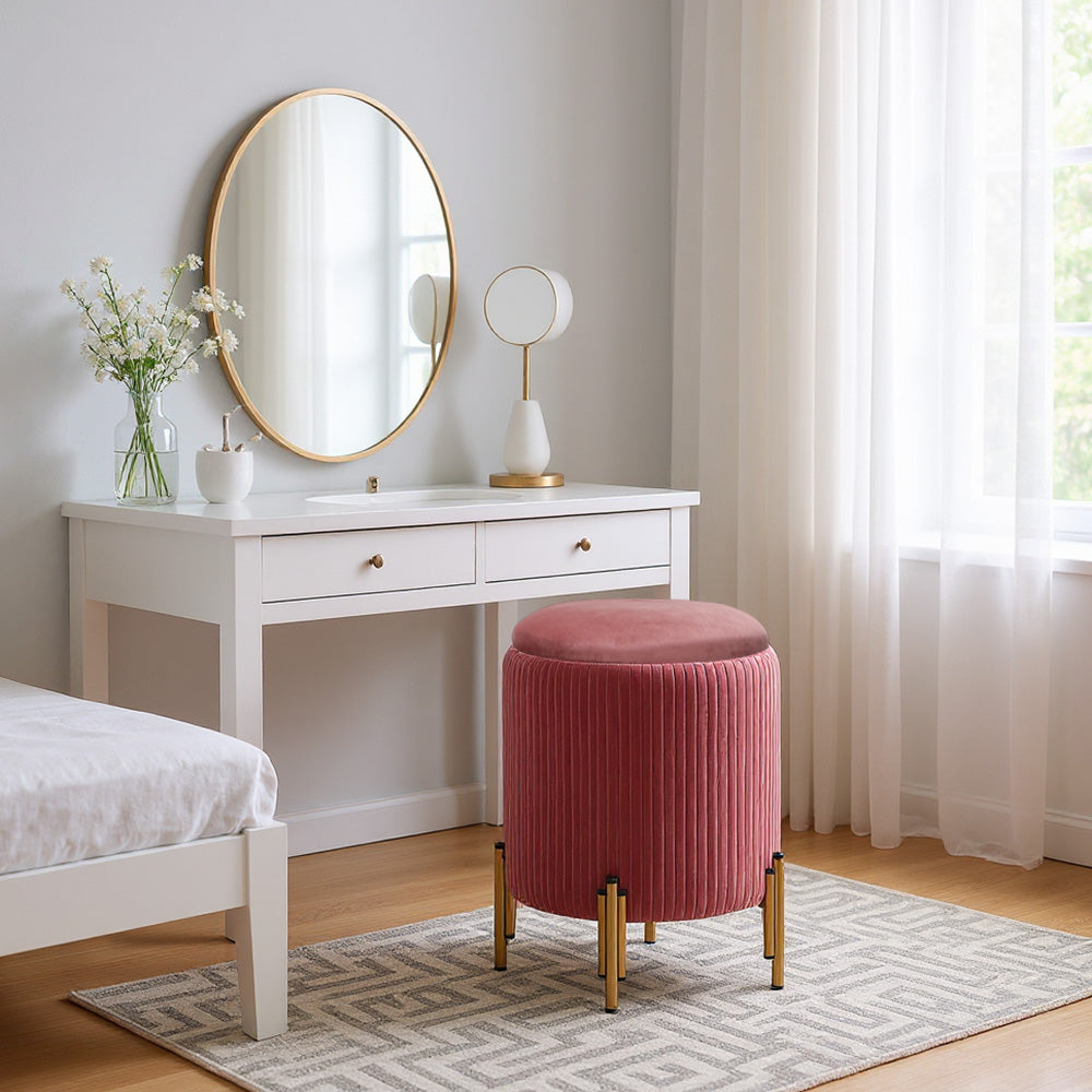 Modern Round Pleated Storage Ottoman With Metal Legs 33cm Dia X 46cm H | Dark Pink