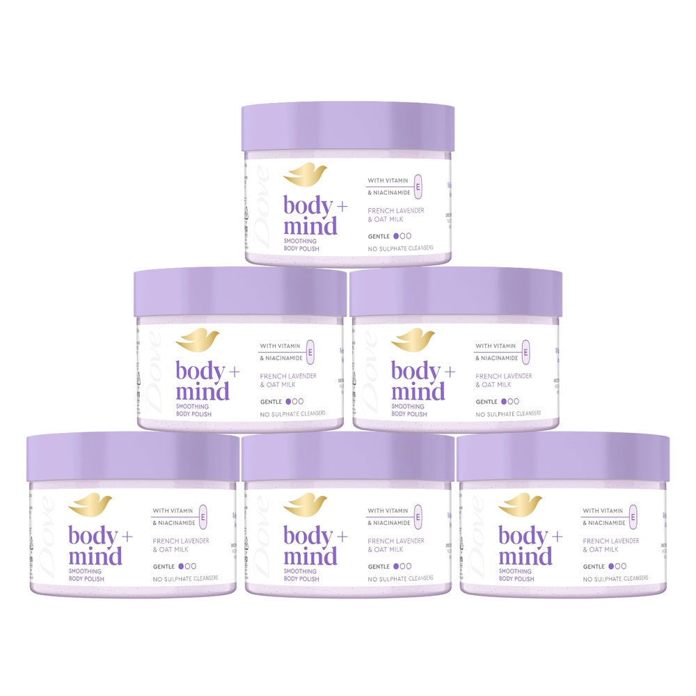 Body + Mind Smoothing Body Scrub, French Lavender & Oat Milk, 295ml | Set-of-6