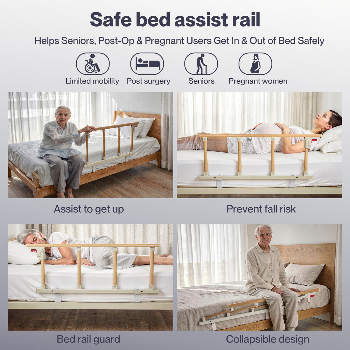 Bed Rail Folding Bed Guard Safety For Elderly Adults Assist Bed Side | White
