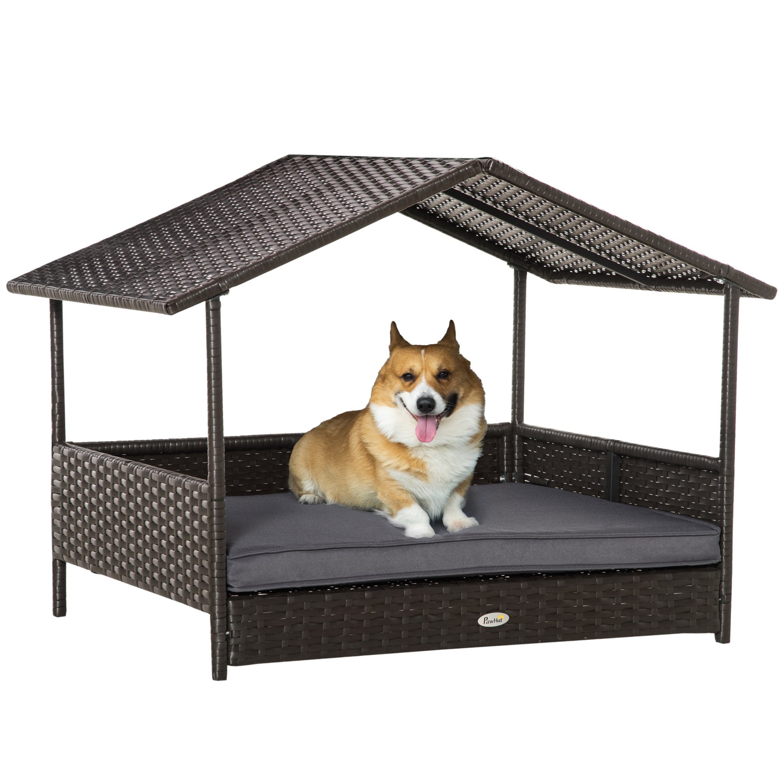Pawhut Wicker Dog House, Rattan Pet Bed With Soft Cushion, Cat Basket | Gray