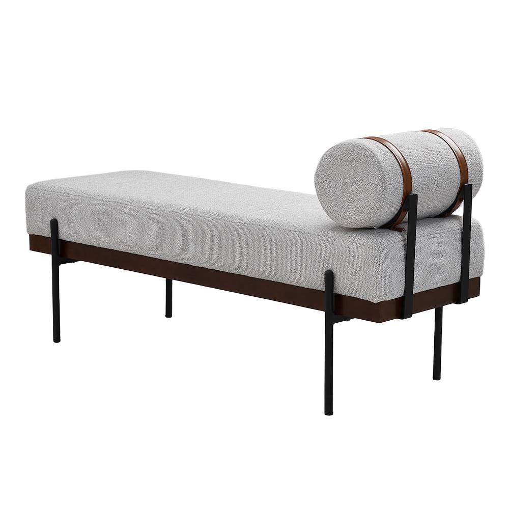 Modern Upholstered Bench With Bolster Pillow, Fine Linen Fabric Bedroom Bench With Metal Legs For End Of Bed | Light Grey