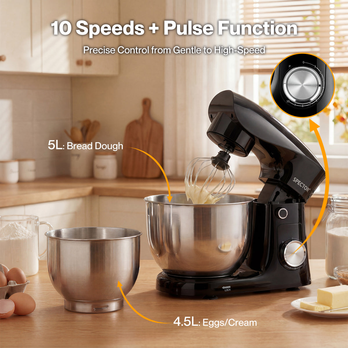Spector Stand Mixer Electric 5l+4.5l Mixing Bowl 1500w 10 Speed Dough Hook Whisk