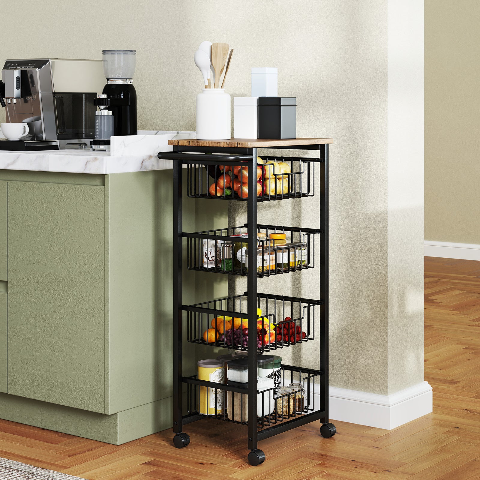4-tier Kitchen Island On Wheels With 4 Pull-out Baskets, Oak
