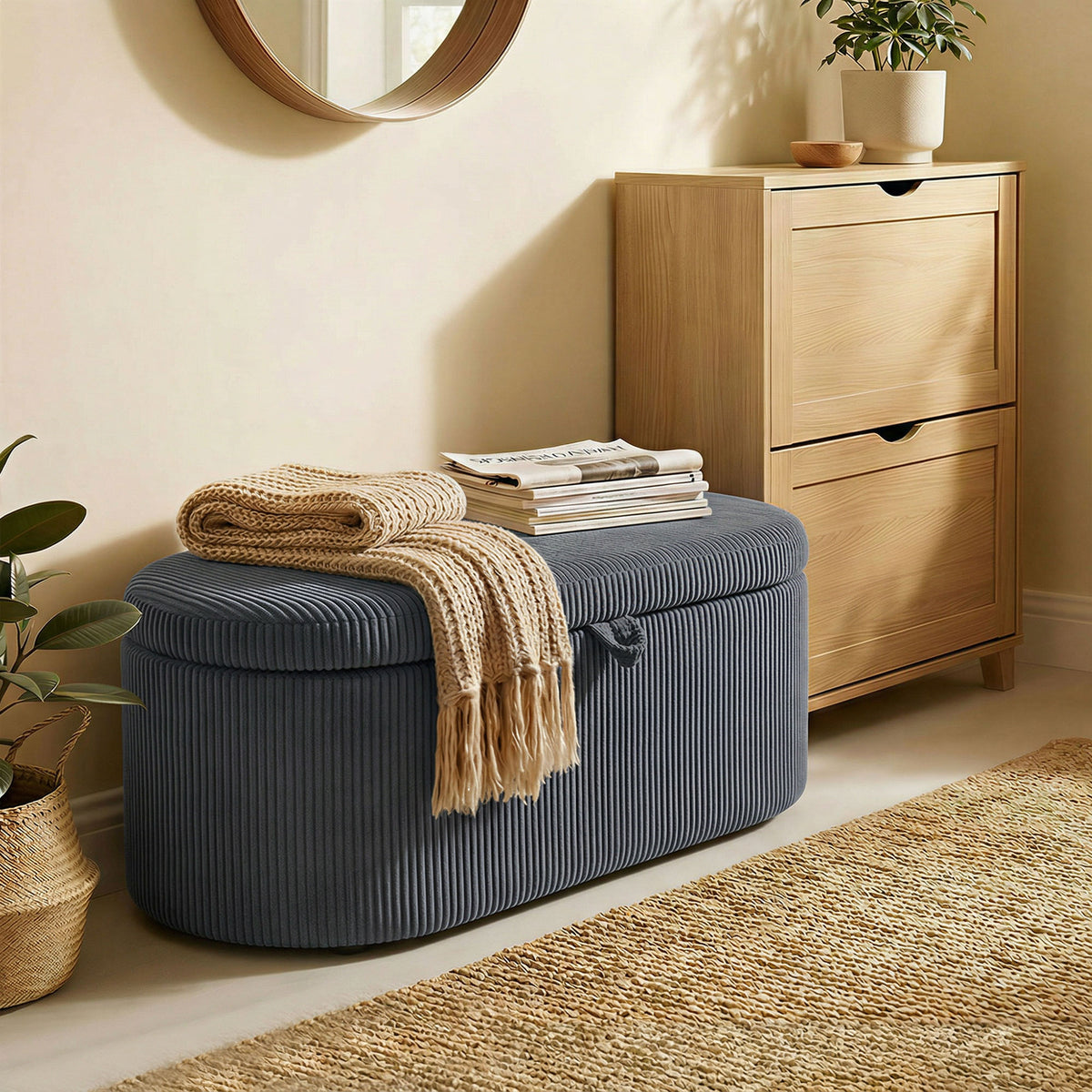 Storage Ottoman, Corduroy Ottoman Storage Box With Padded Seat | Dark Grey