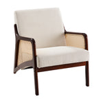 Corduroy Armchair With Rattan-weave Side Panels – Accent Chair With Rubberwood Legs | Beige
