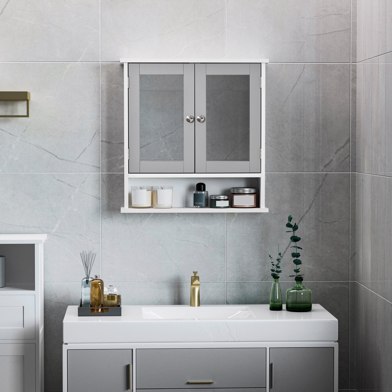 Wall Mounted Mirror Cabinet W/ Double Mirror Doors