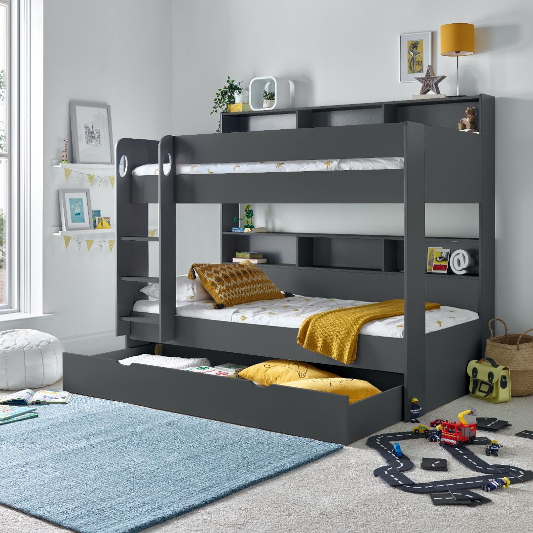 Olly Storage Bunk Bed Without Drawer With Spring Mattresses | Single | Anthracite