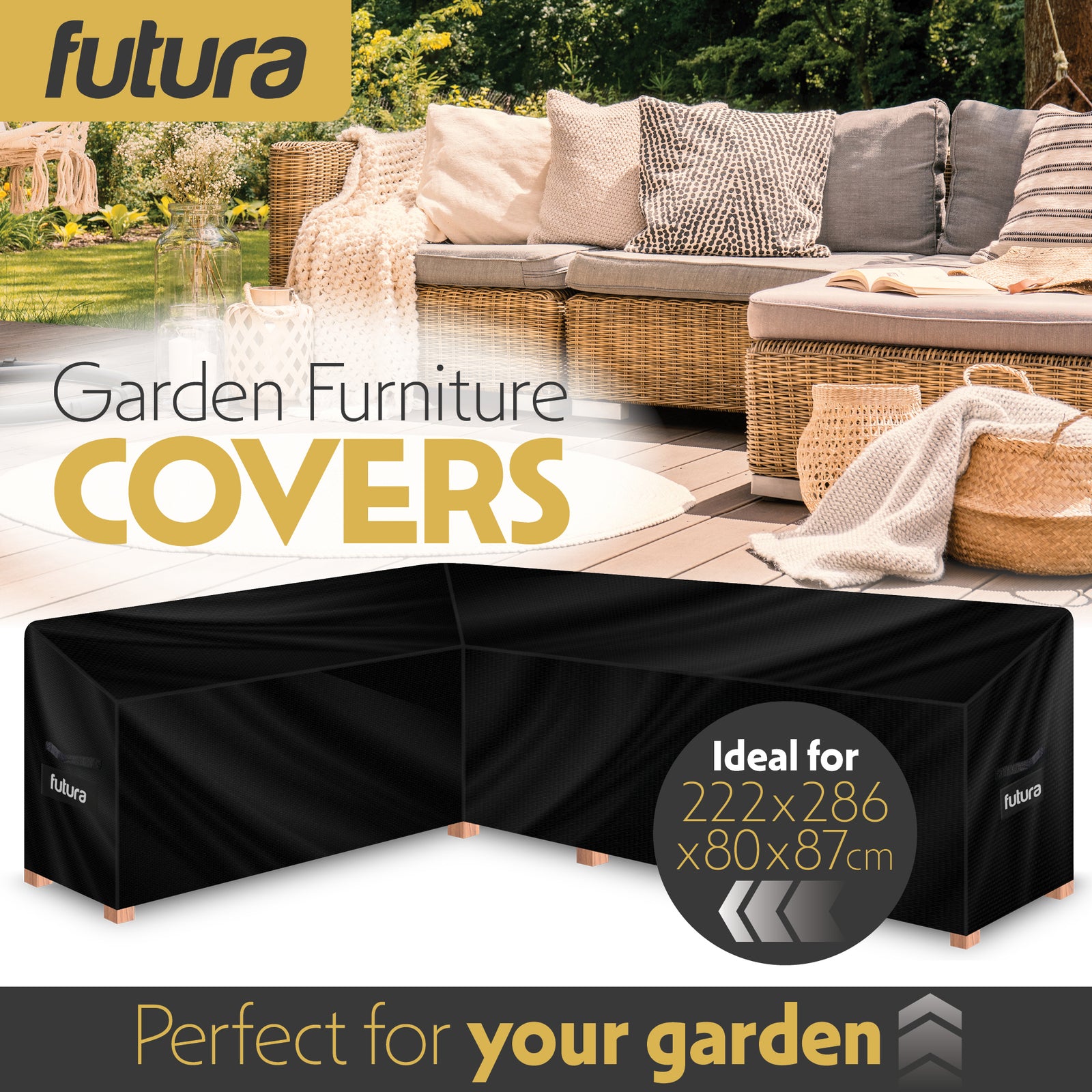 L Shaped Waterproof Garden Furniture Cover, Outdoor Patio Weatherproof Rattan Sofa Shield | 222 x 286 x 80cm | Black