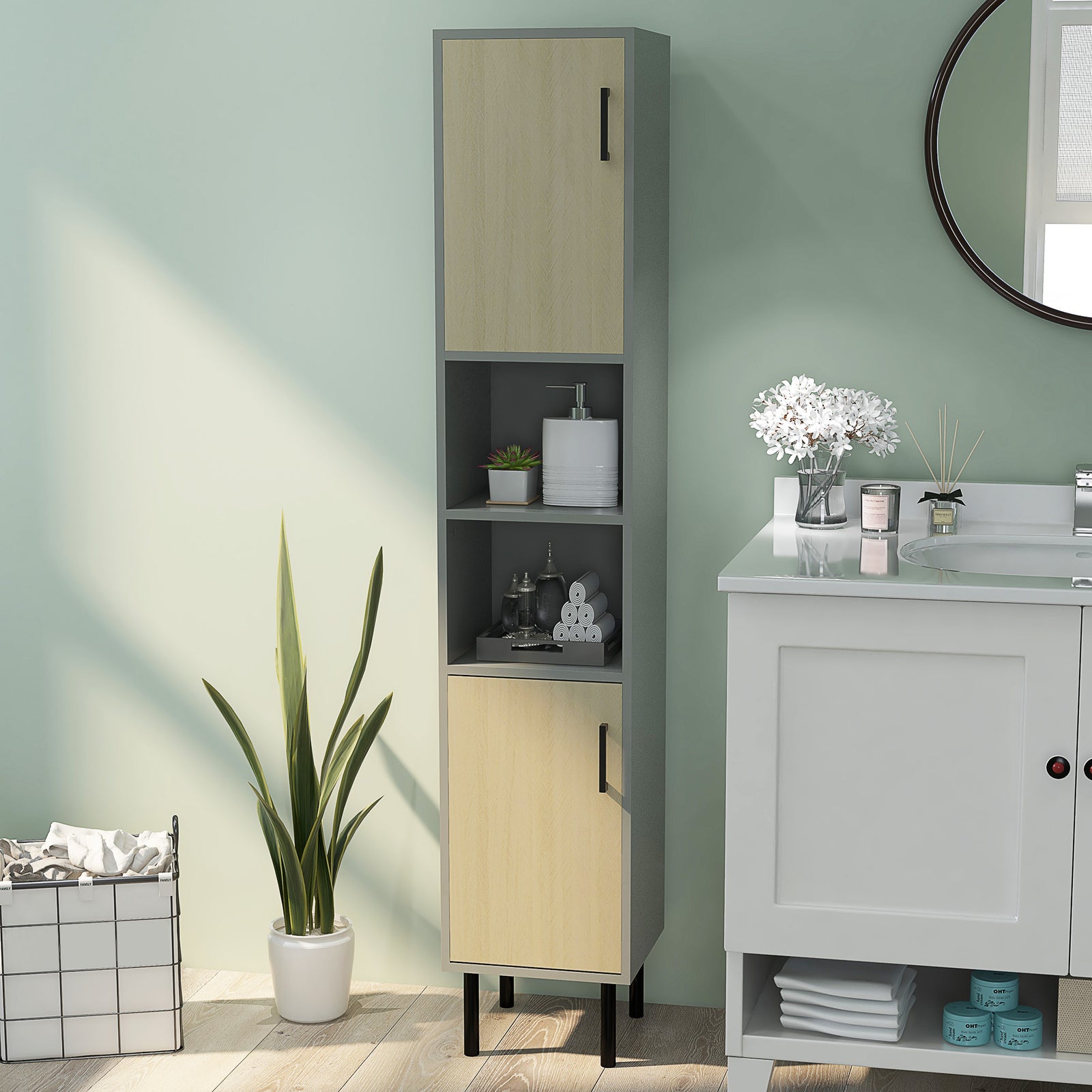 Tall Bathroom Storage Cabinet, Slim Floor Cabinet