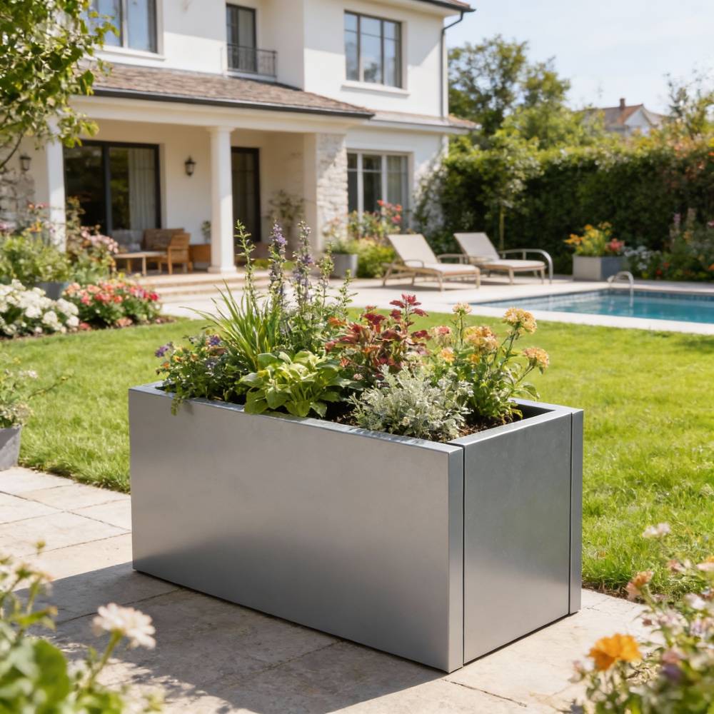 Zinc Galvanized Steel Planter Box With Drainage Hole –rectangle Raised Planter Box Outdoor Balcony Garden Trough Pot | Small | Light Grey