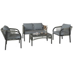 4 Piece Rattan Garden Furniture Set W/ Steel Frame, Cushions, Grey
