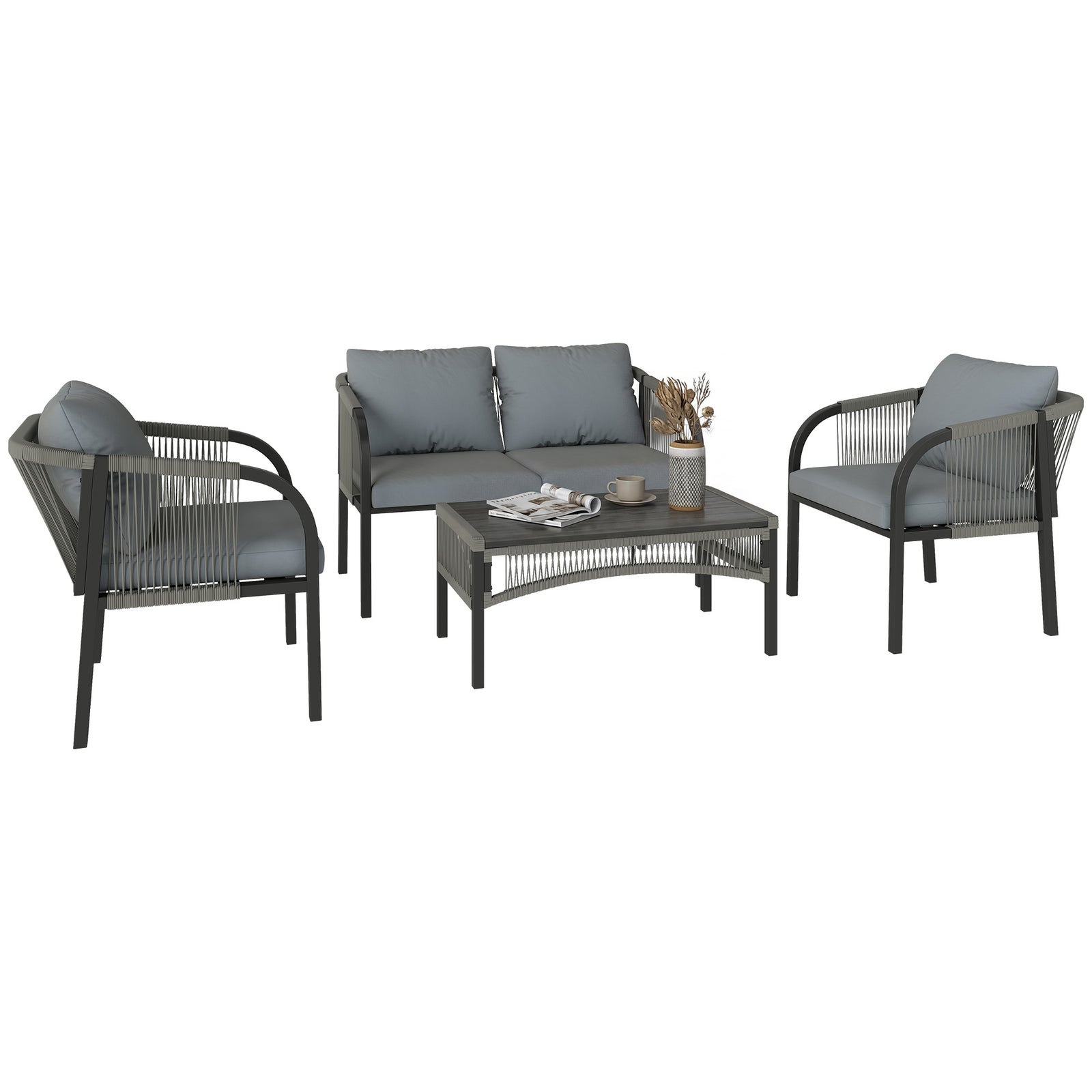 4 Piece Rattan Garden Furniture Set W/ Steel Frame, Cushions, Grey