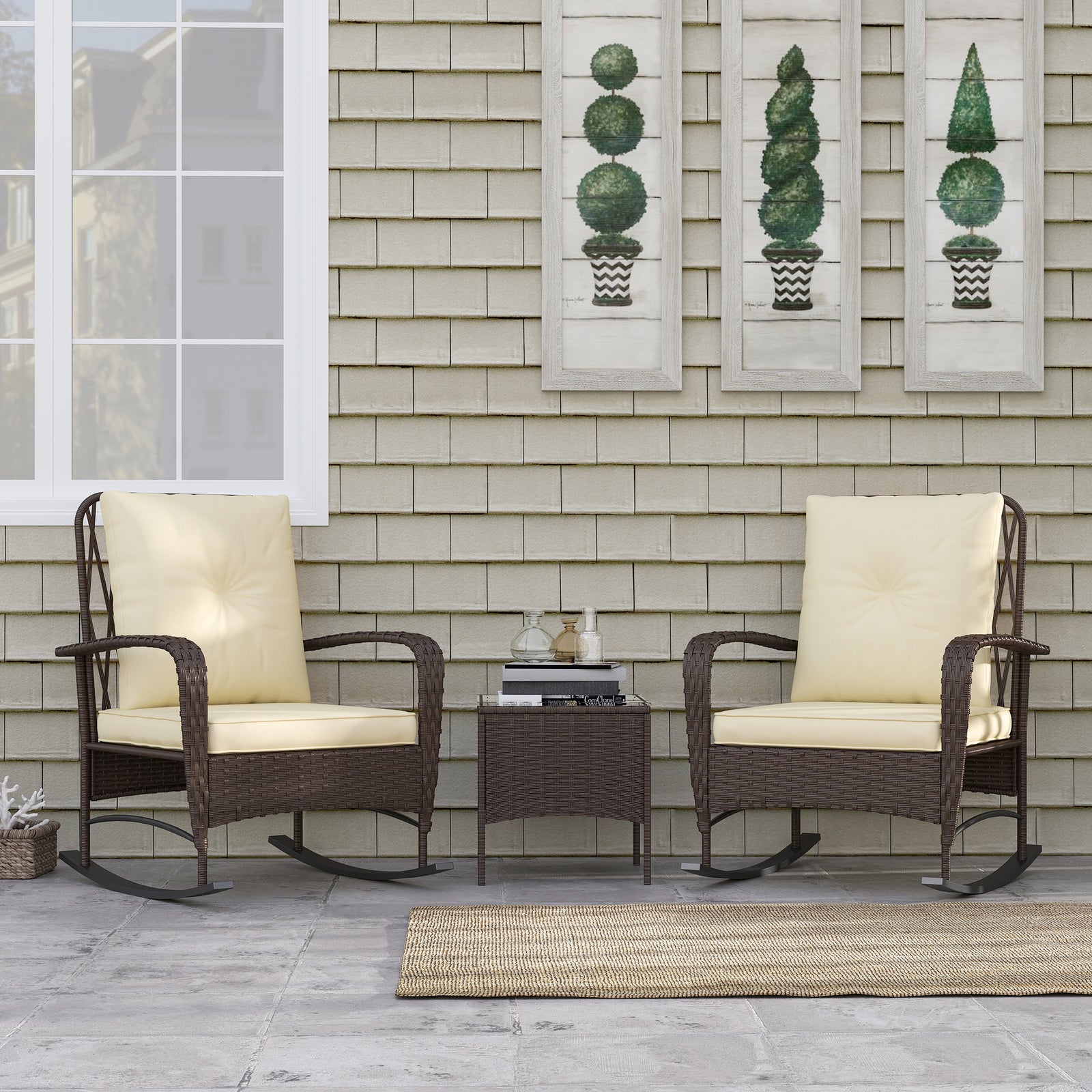 Rattan Bistro Set Balcony Furniture With Rocking Chairs | Brown