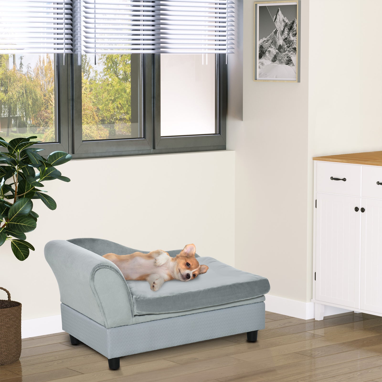 Pet Sofa Dog Chair Cat Couch W/ Storage, Cushion - Light Grey