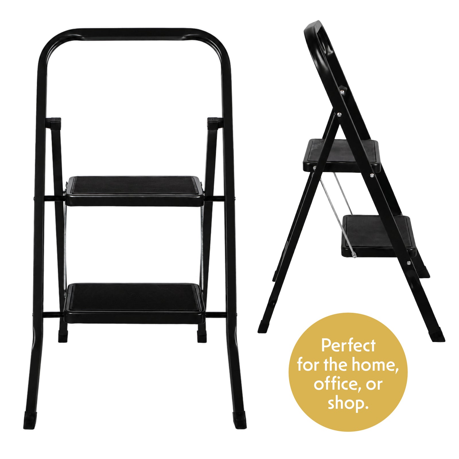 2 Step Ladder Black, Heavy-duty Steel Folding Home Diy Step Stool With Wide Non-slip Steps & Anti Slip Feet 150kg Capacity | 2 Step | Black