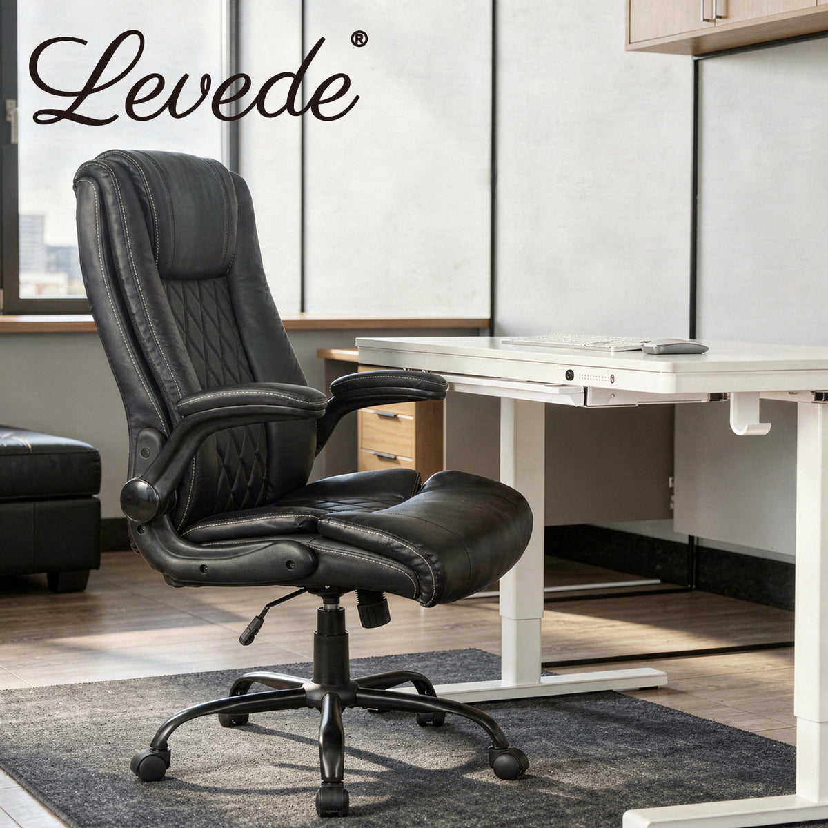 Executive Office Chair Pu Leather Reclining Desk Chair Flip-up Armrests | Black