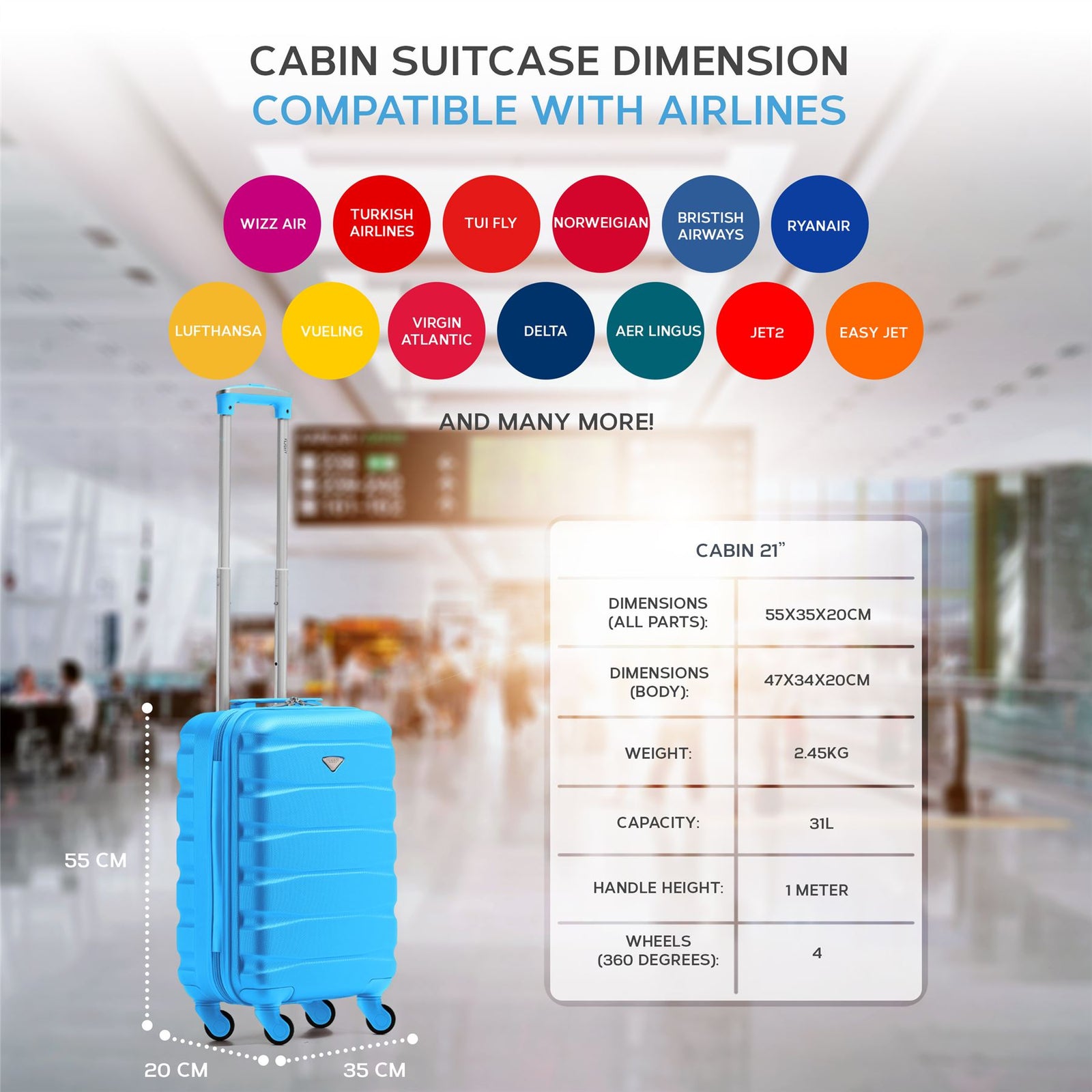 55x35x20cm Cabin Carry On Suitcase Hard Shell Overhead Luggage 100+ Airlines Approved | Cabin | Turquoise