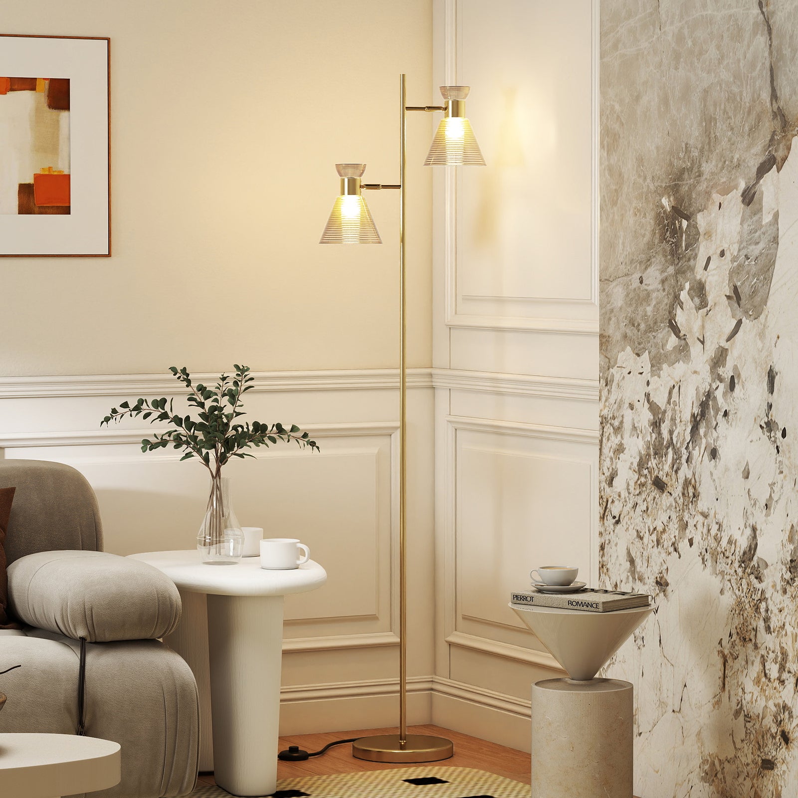 HOMCOM Standing Lamp With Adjustable Dual Head, Modern Floor Lamp, Gold Tone