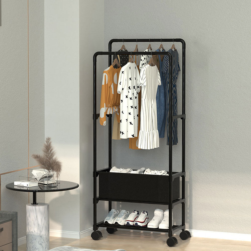 Double Rod Metal Clothes Rack On Wheels | Large | Black
